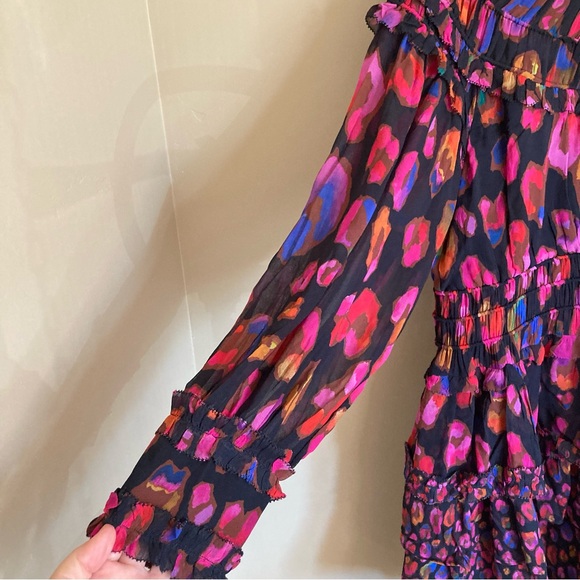 NEW FARM Rio Farm Iridescent Leopards Ruffled Mini Dress Chiffon Black Size L - Picture 7 of 16